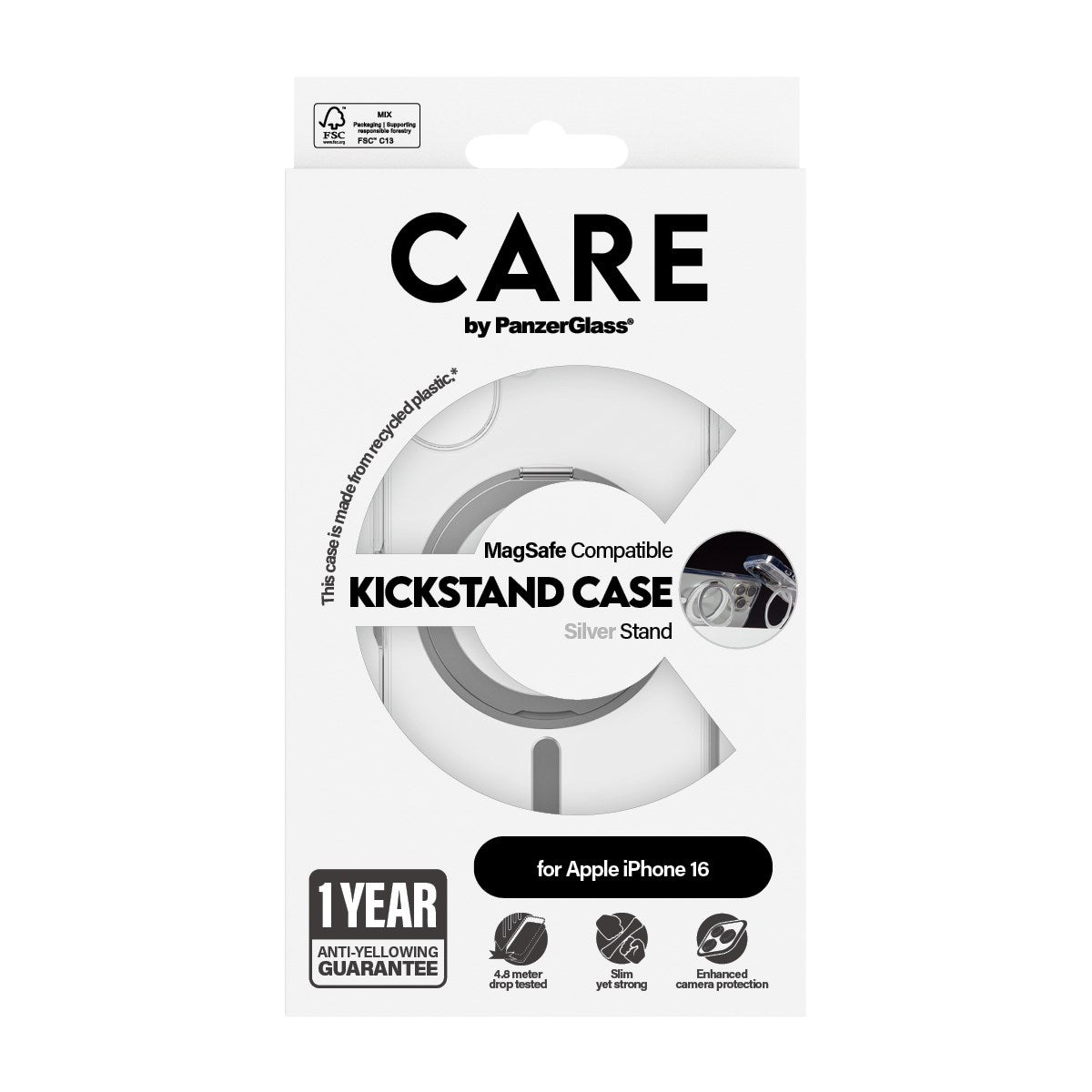 CARE by PanzerGlass® Feature Case Transparent m. Silber Kickstand & MagSafe iPhone 16